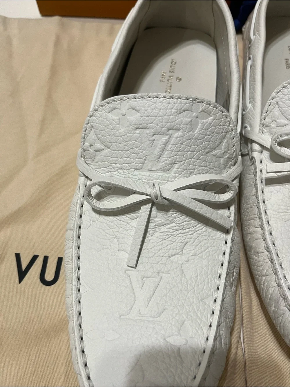 Louis Vuitton White Embossed Monogram Driving Loafers with Bow